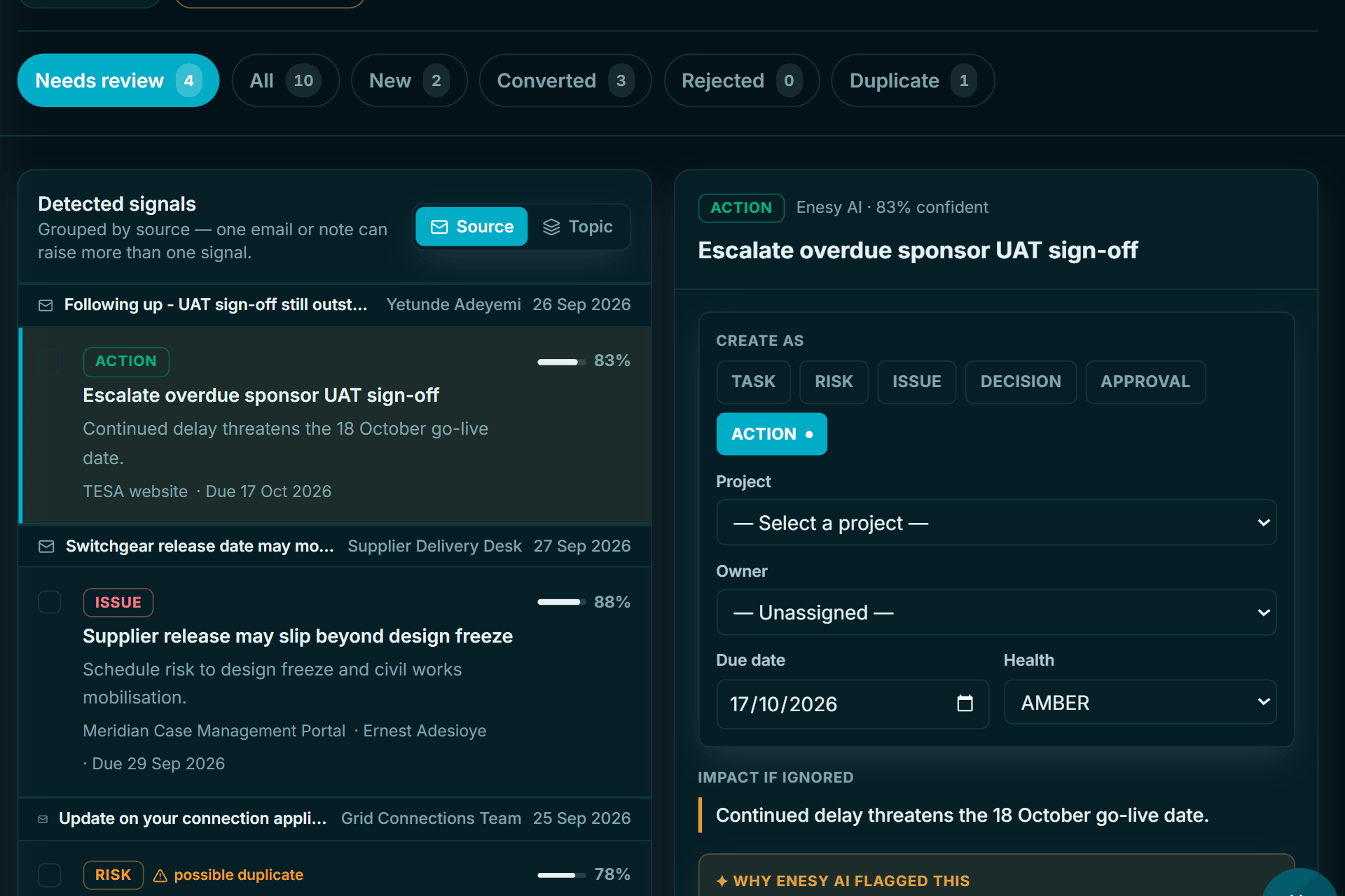 Enesy Inbox AI review queue with detected actions, issues and risks and the reason each was flagged