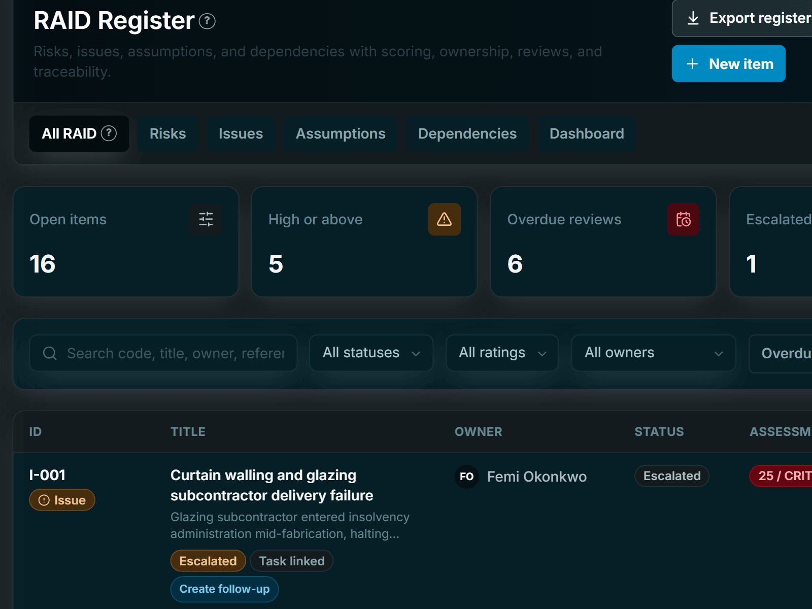 Enesy RAID register with scored items, owners, status and review dates