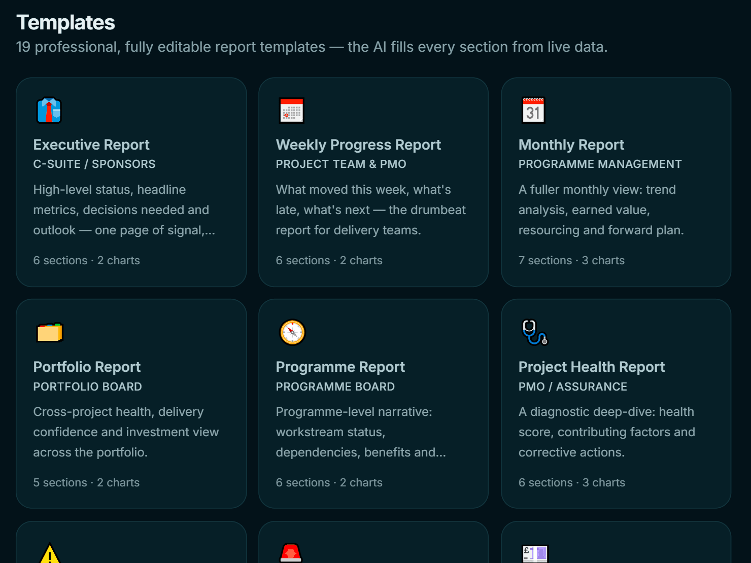 Enesy Report Studio template library: executive, weekly, monthly, portfolio, risk, budget and earned value reports