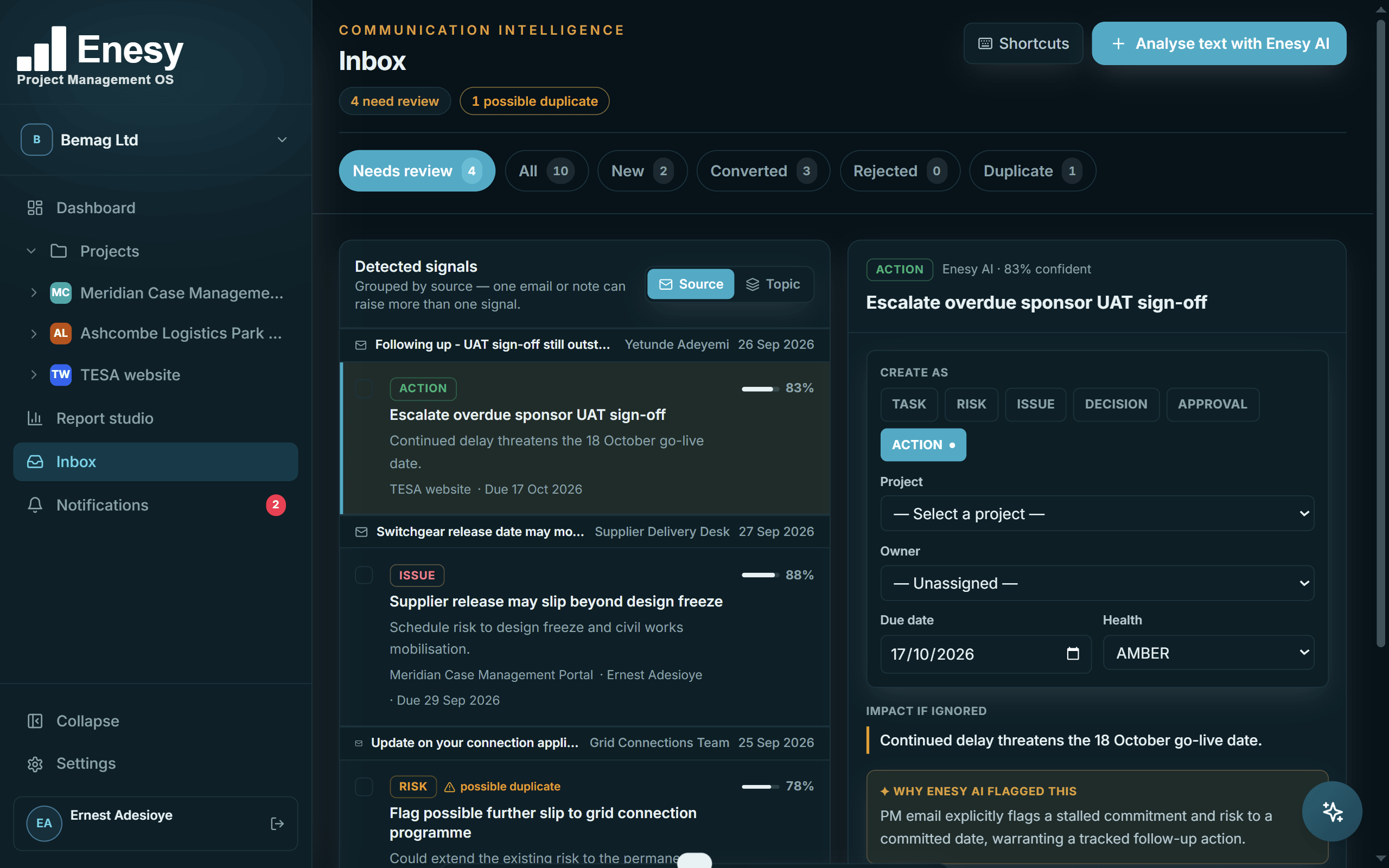 Enesy Inbox AI review queue with detected actions, issues and risks and the reason each was flagged