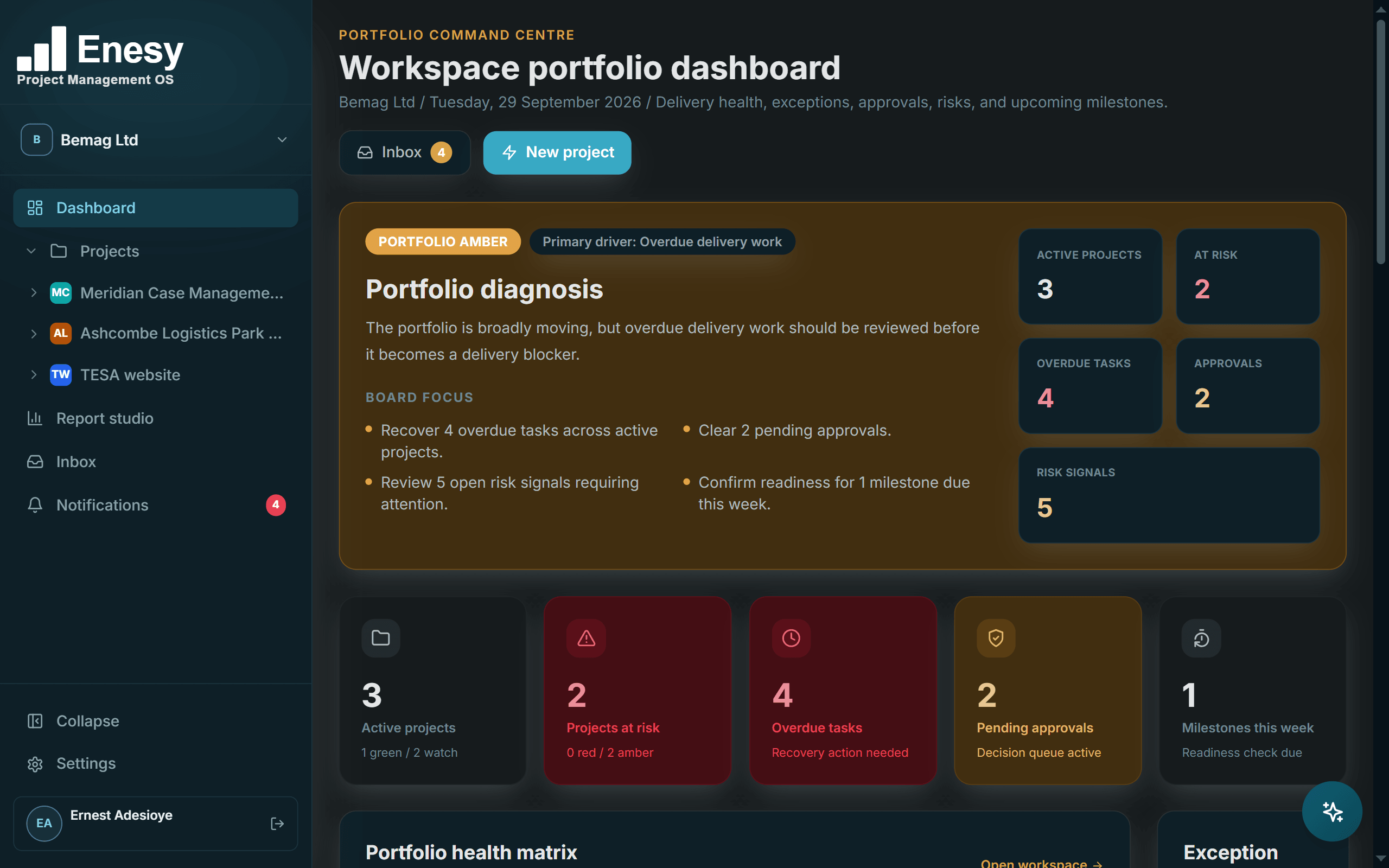 Enesy portfolio dashboard with portfolio RAG, overdue tasks, pending approvals and the project health matrix
